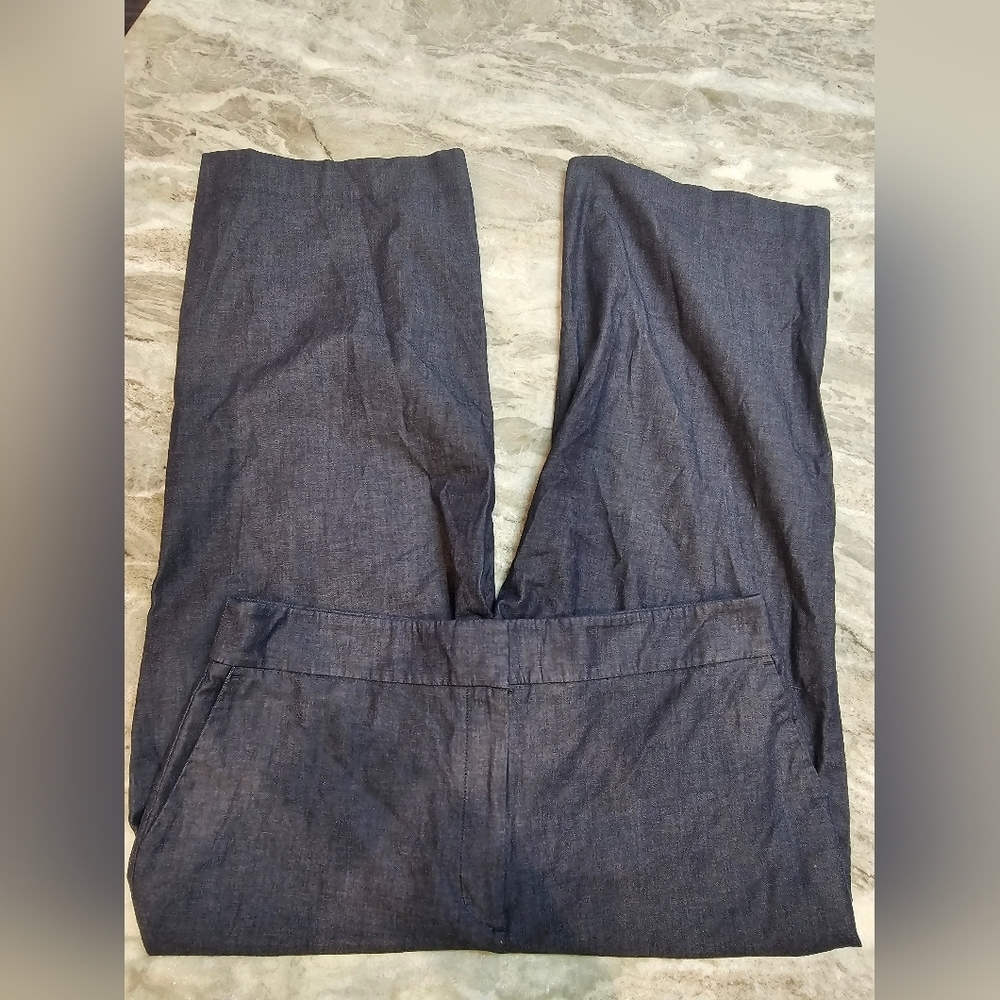 Ann Taylor Factory Size 16 Chambray Cotton Stretch Pants Navy Cropped Straight L